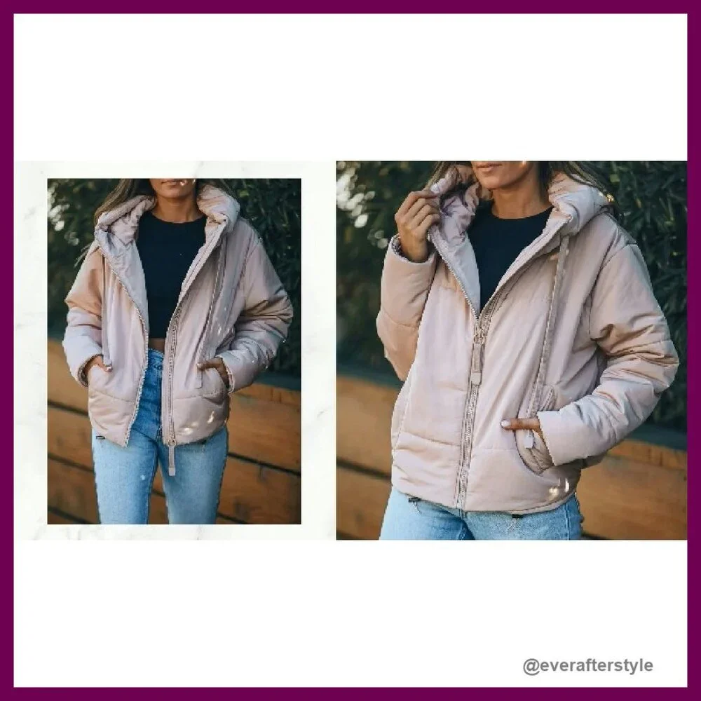 Oversized Puffer Jacket Winter Coat Full Zipper Hooded Chic Casual Outerwear - Picture 8 of 8